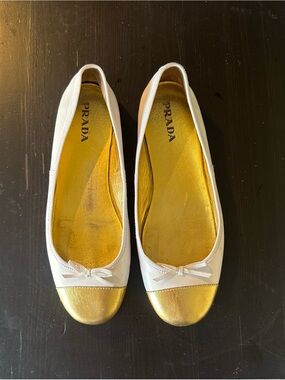 Prada White Leather Ballet Flats with Gold Cap Toe